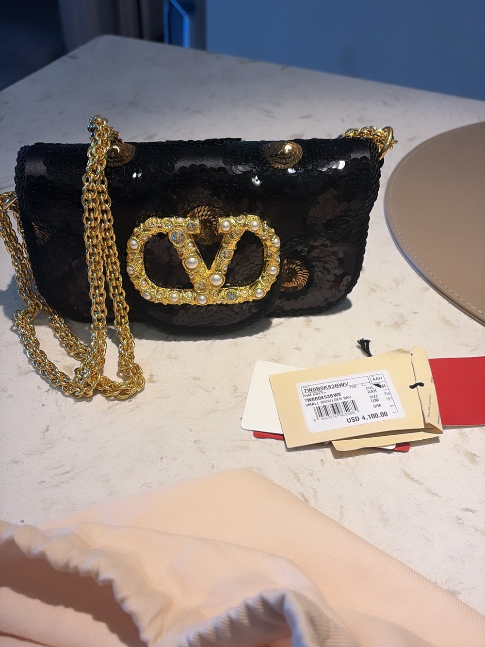 Valentino Black Sequin Crossbody Bag with Gold V-Logo